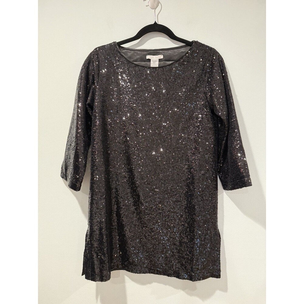 NEW Joan Vass Tunic Top/Mini Dress Women Small Black Sequin 3/4 Sleeve Festival